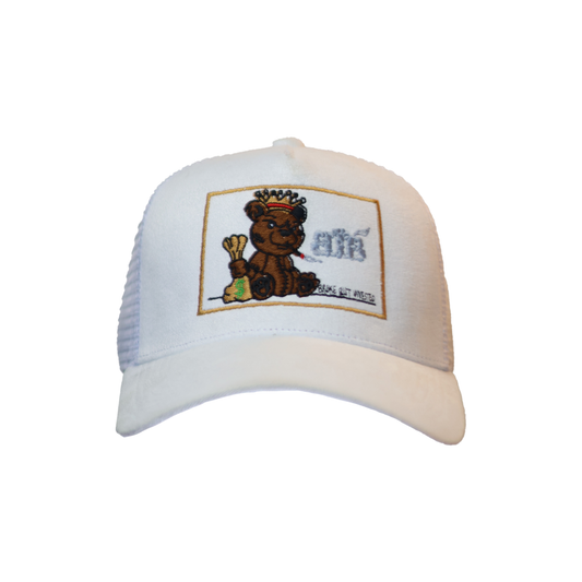 White (Suede) Stunting Curved Teddy Design Cap